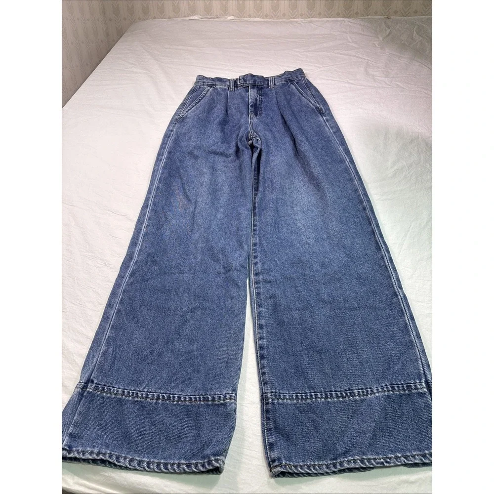 Habitual Jeans Womens 4/27 Blue Wide Leg Pleated High Rise LONG BOHO Y2K